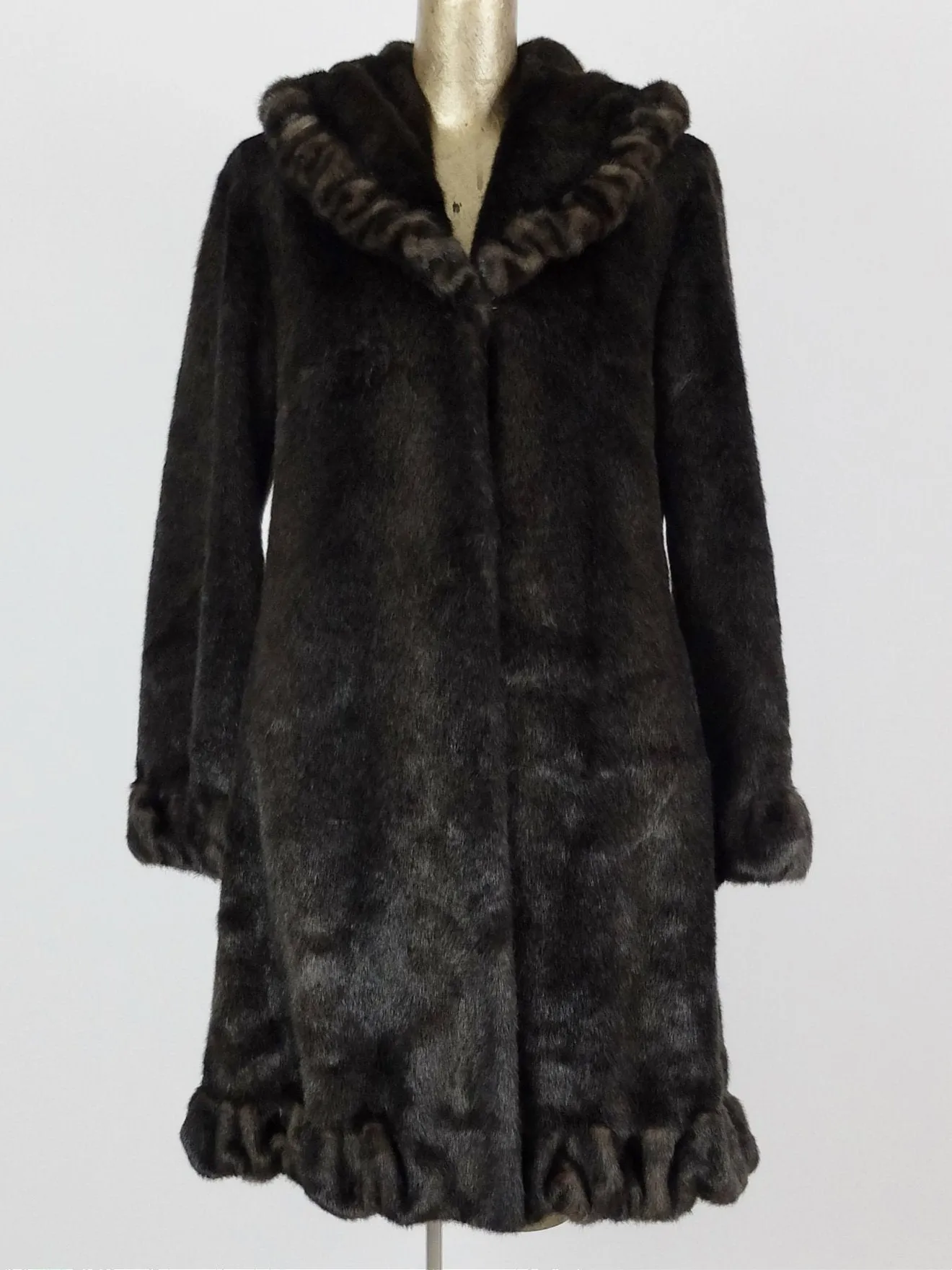 80s Ruffled Dark Brown Faux Fur Long Winter Coat with Pockets