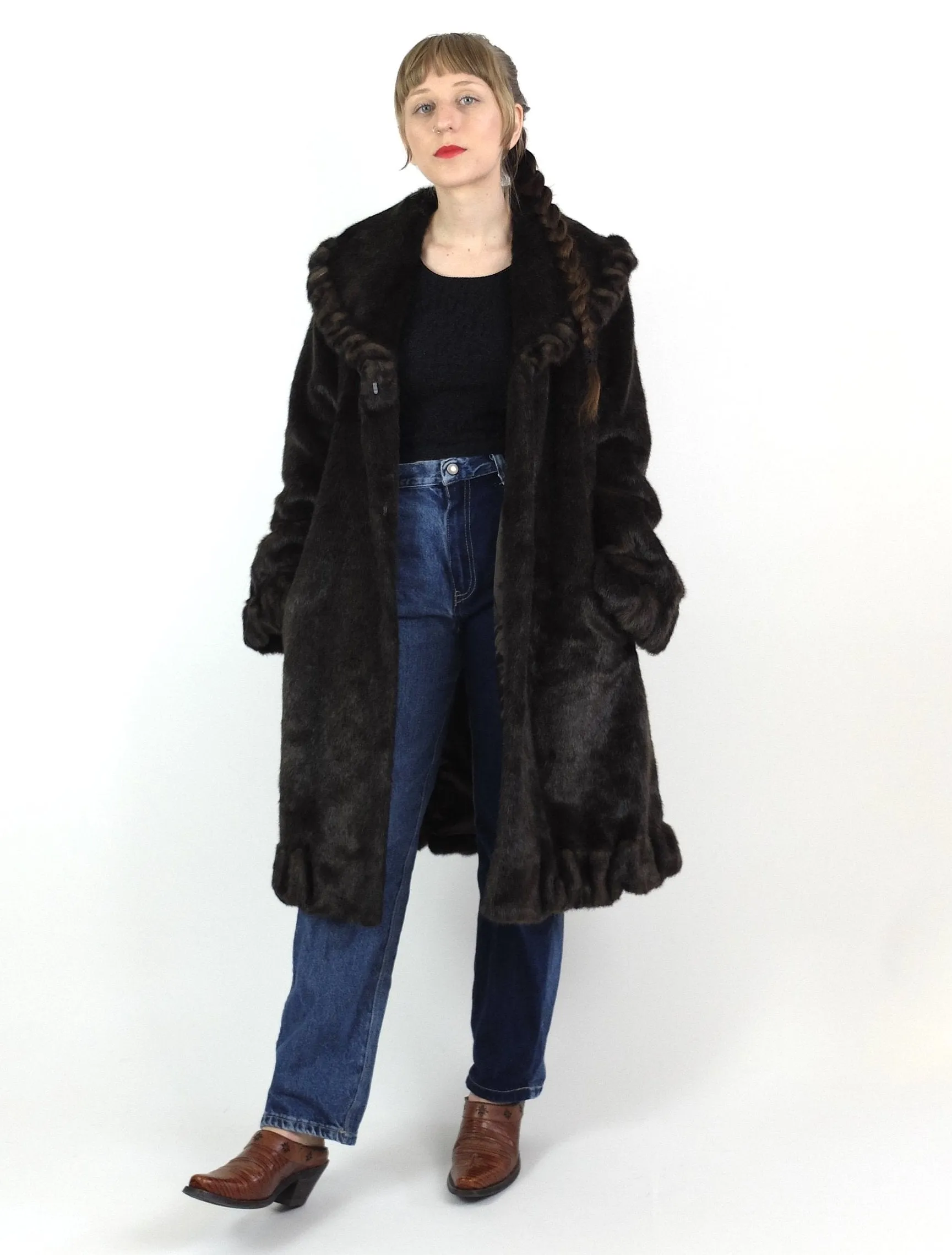 80s Ruffled Dark Brown Faux Fur Long Winter Coat with Pockets