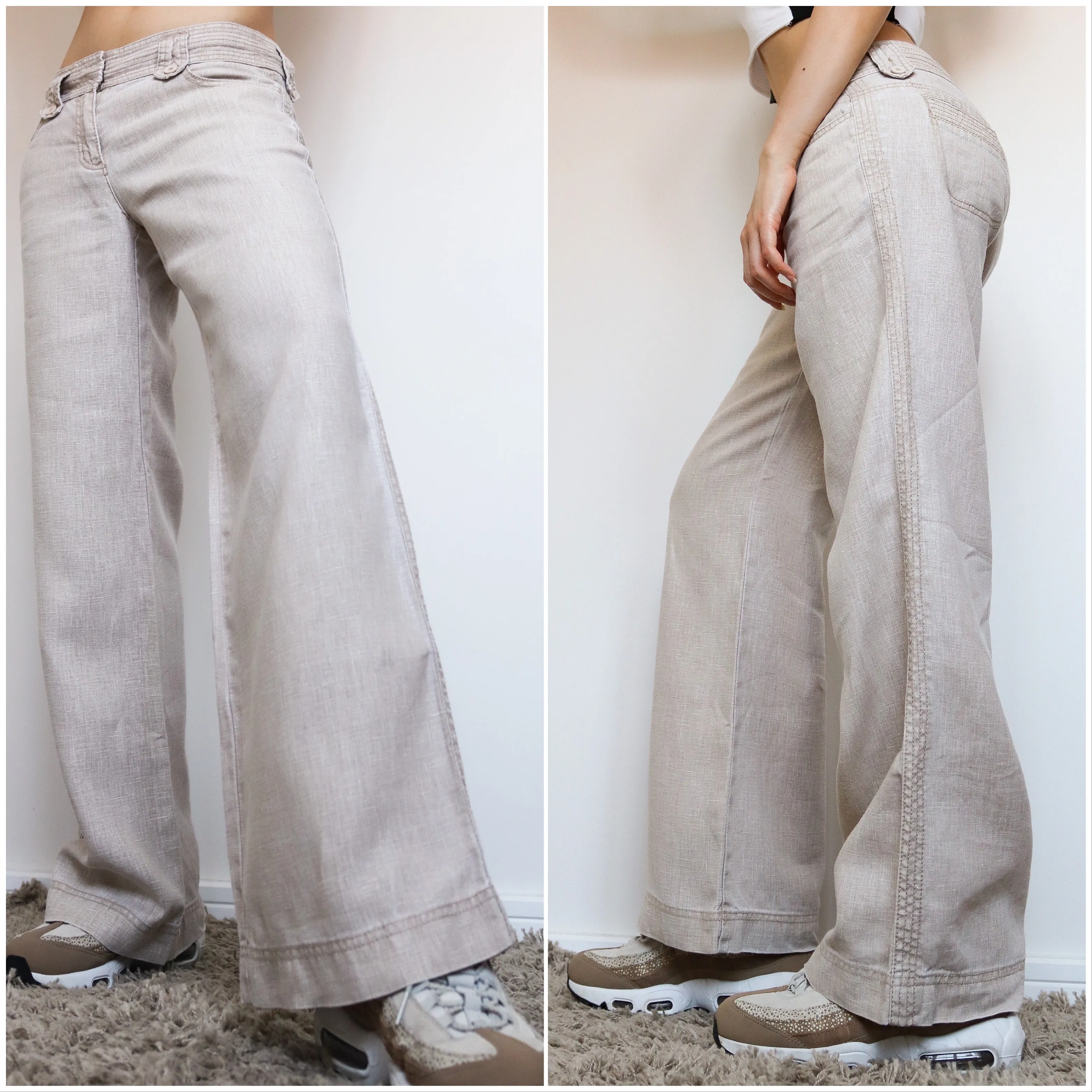 90s Y2K 00s VINTAGE SIMPLE BEIGE LINEN TROUSERS