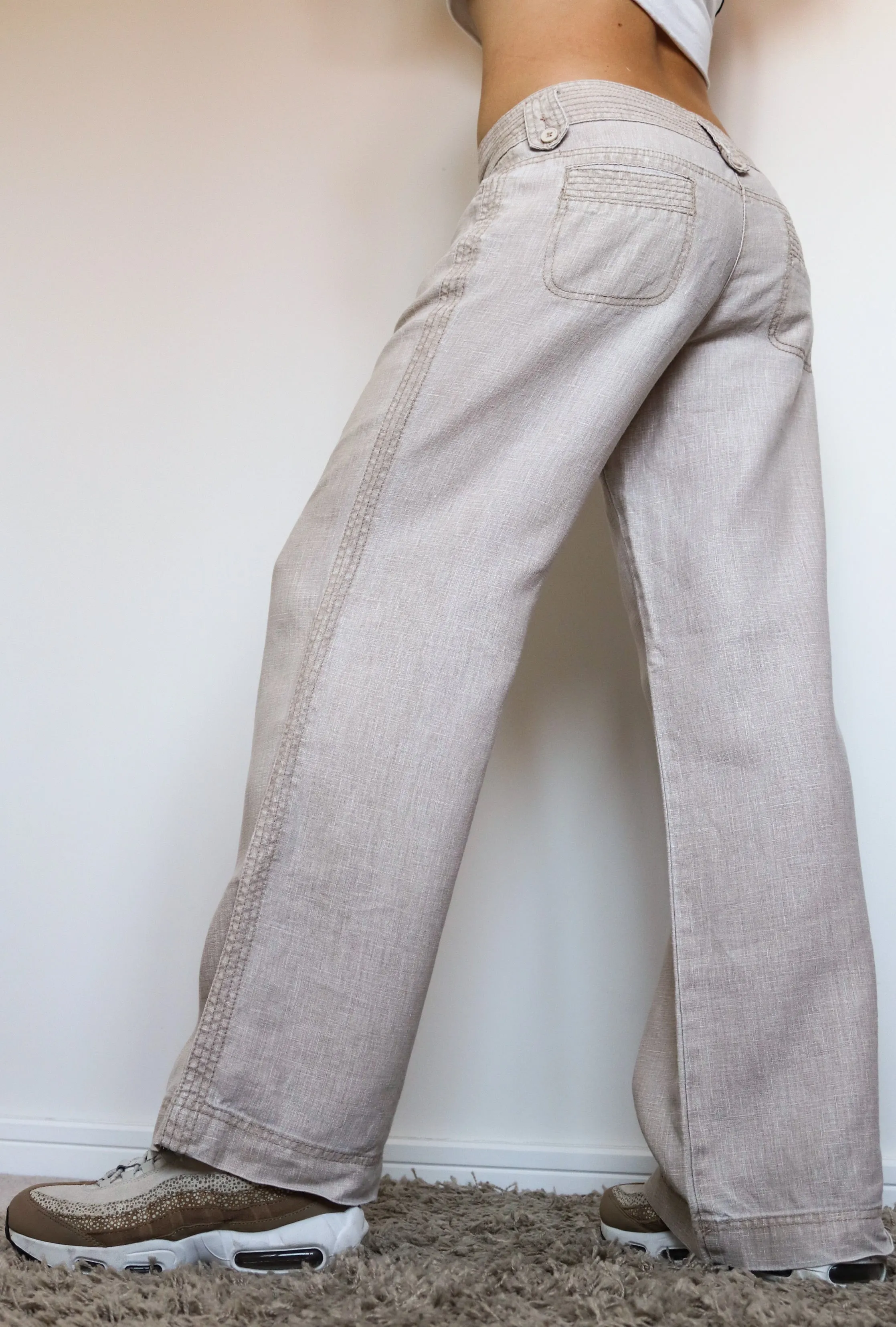 90s Y2K 00s VINTAGE SIMPLE BEIGE LINEN TROUSERS