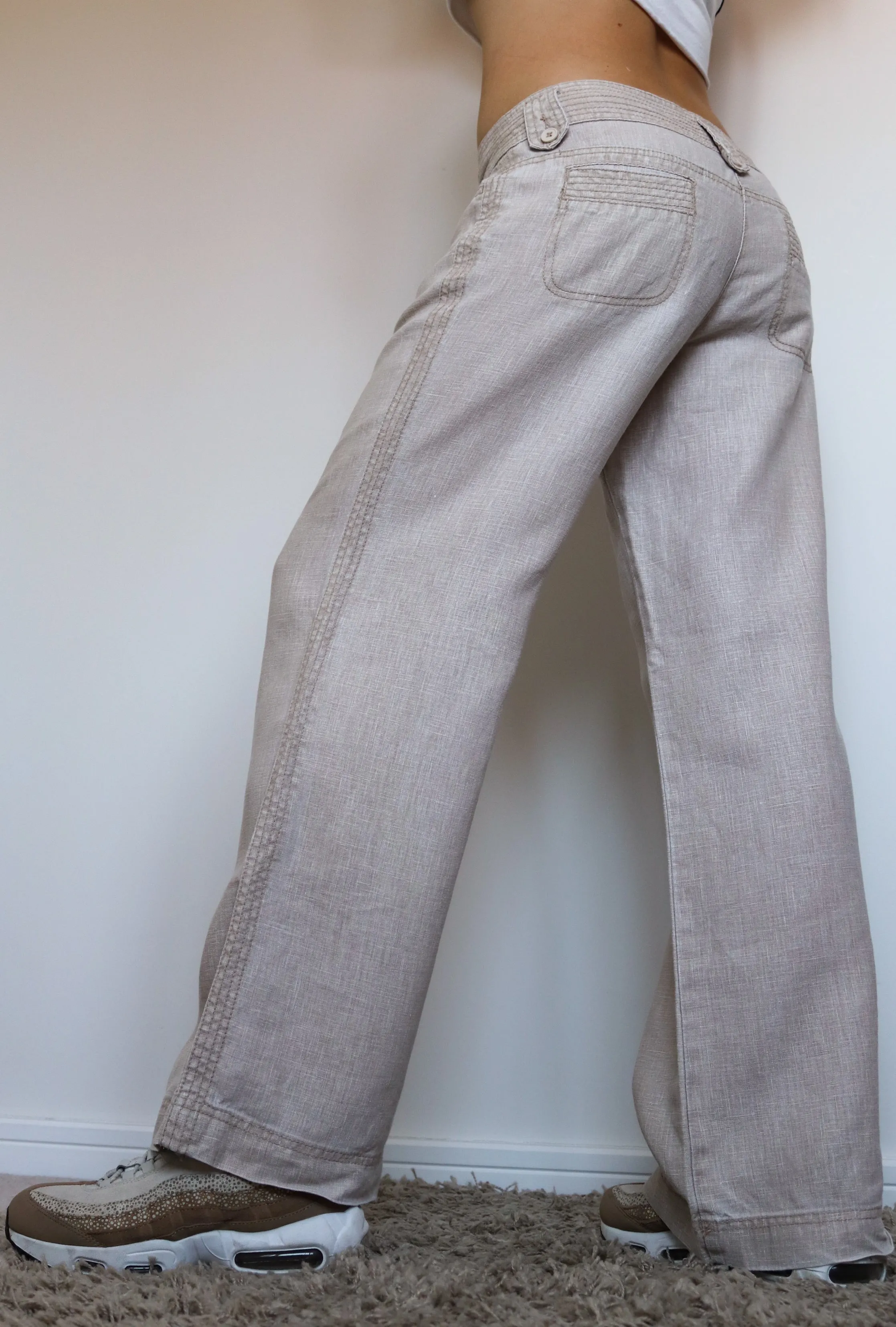 90s Y2K 00s VINTAGE SIMPLE BEIGE LINEN TROUSERS