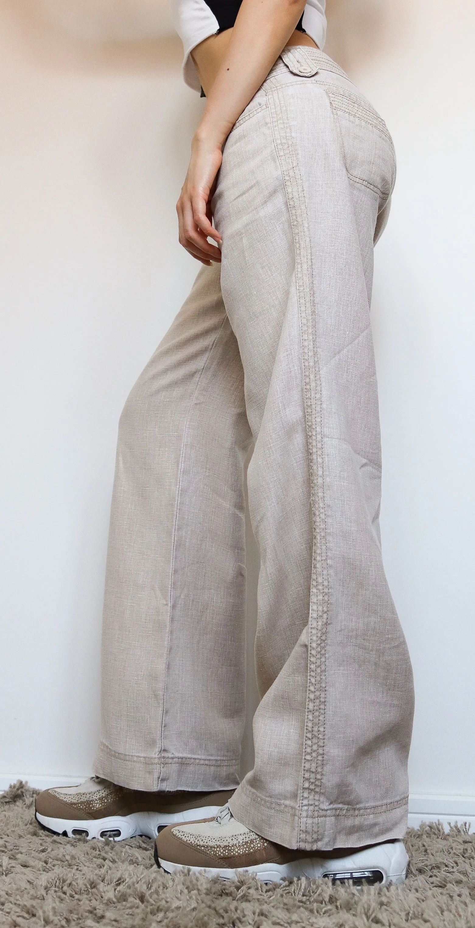 90s Y2K 00s VINTAGE SIMPLE BEIGE LINEN TROUSERS