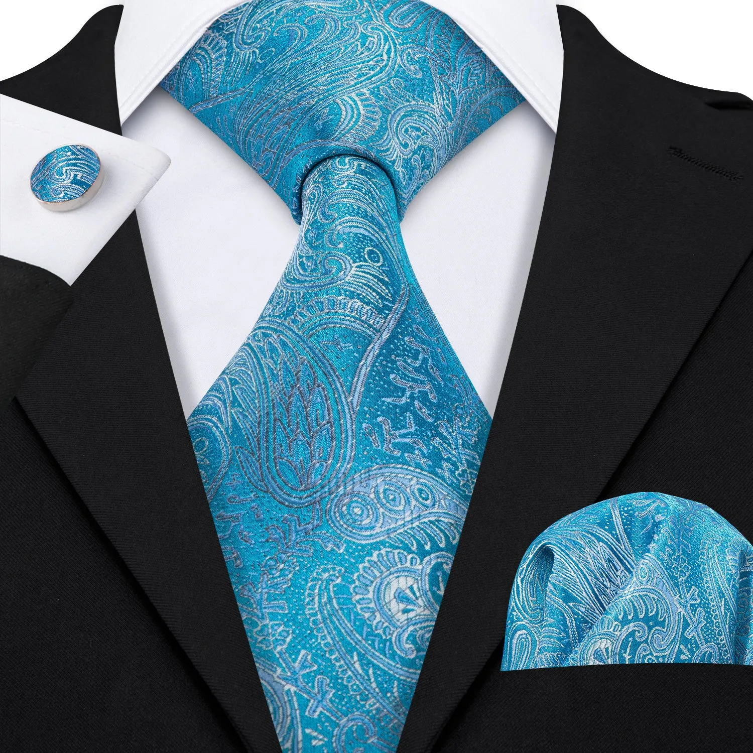 $9.99 Hi-Tie Light Blue Paisley Silk Men's Tie Pocket Square Cufflinks Set