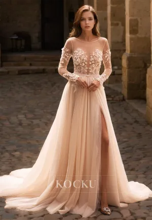 A-Line Scoop Neck Long Sleeves High Split Train Appliques Lace Wedding Dress with Beads Bridal Gowns