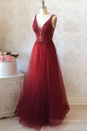 A Line V Neck and V Back Long Beading Lace Burgundy Prom Dress Lace Burgundy Formal Graduation Evening Dress