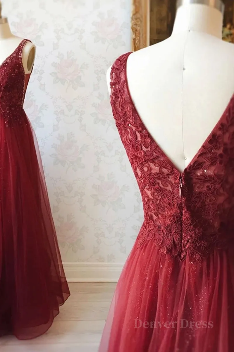 A Line V Neck and V Back Long Beading Lace Burgundy Prom Dress Lace Burgundy Formal Graduation Evening Dress