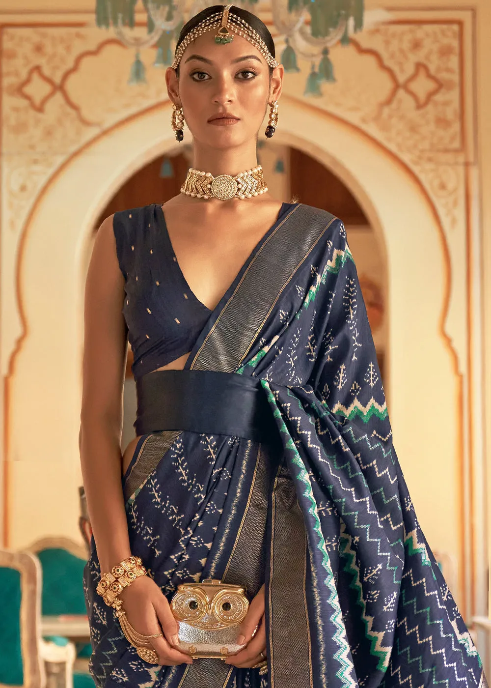 Aegean Blue Designer Printed Silk Saree