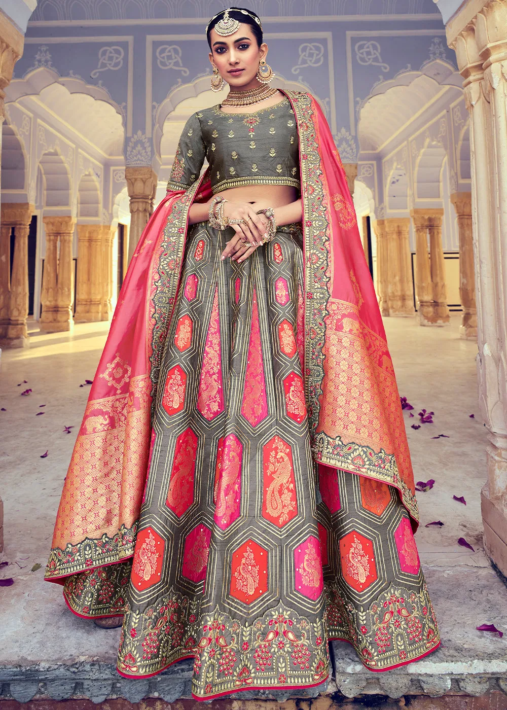 Anchor Grey Banarasi Silk Lehenga Choli with Khatli and Heavy Embroidered work