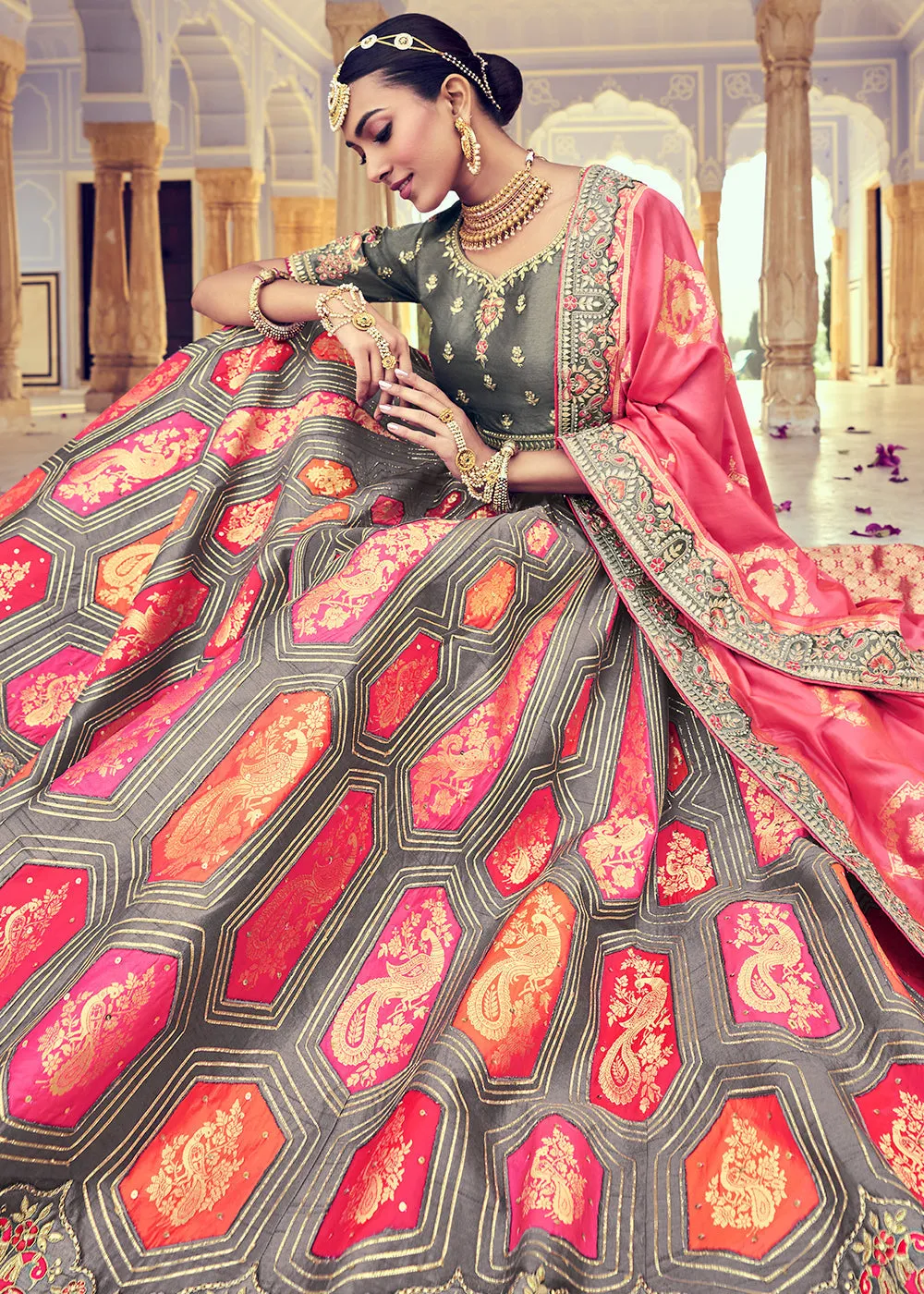 Anchor Grey Banarasi Silk Lehenga Choli with Khatli and Heavy Embroidered work