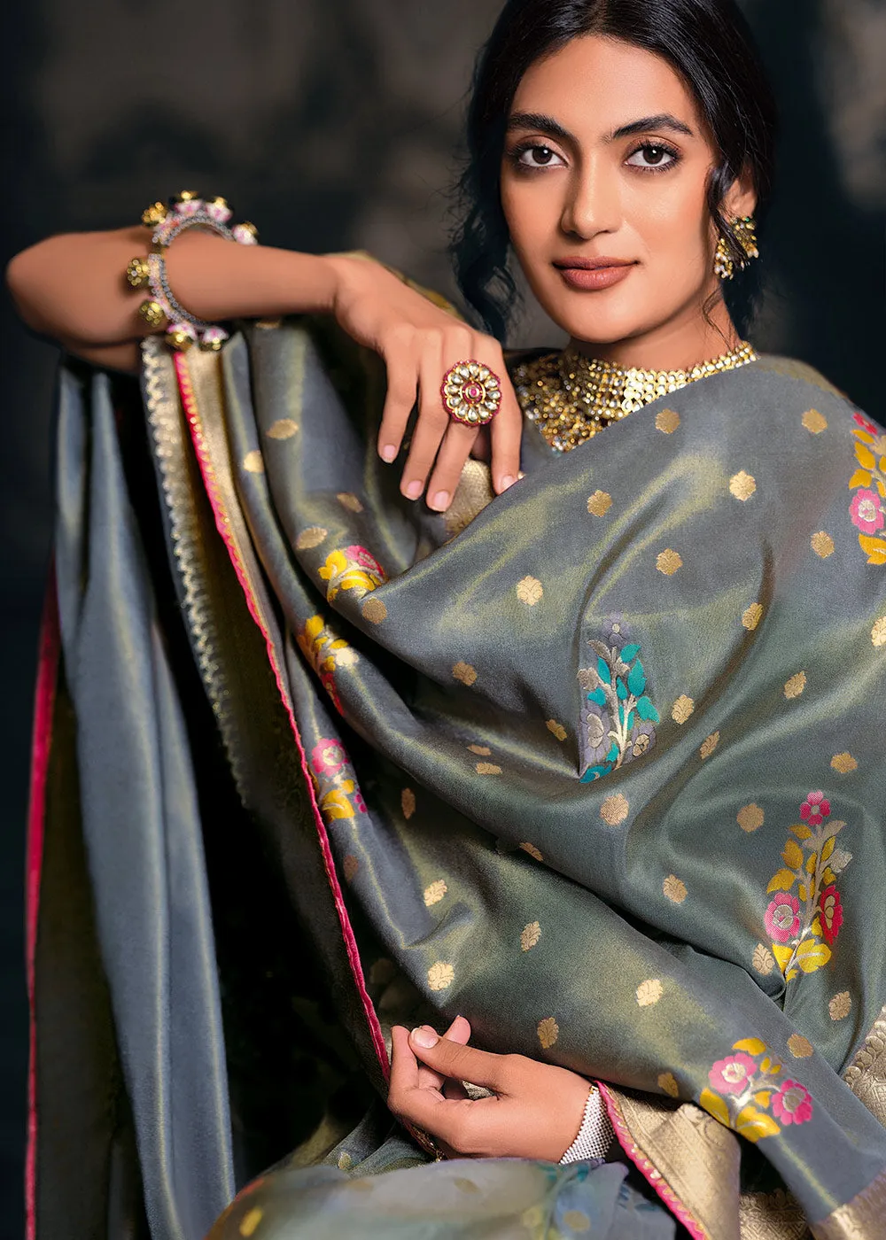 Anchor Grey Designer Zari Woven Tissue Silk Saree