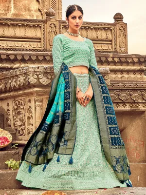 Aqua Green Georgette Lehenga Choli Having Lucknowi work and Banarasi Dupatta