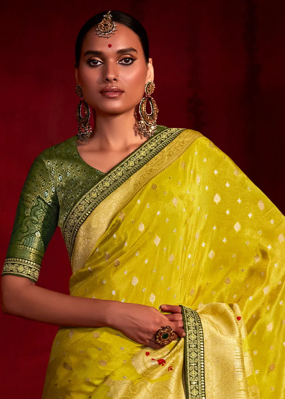 Aureolin Yellow Zari Woven Khadi Silk Saree with Contrast Blouse