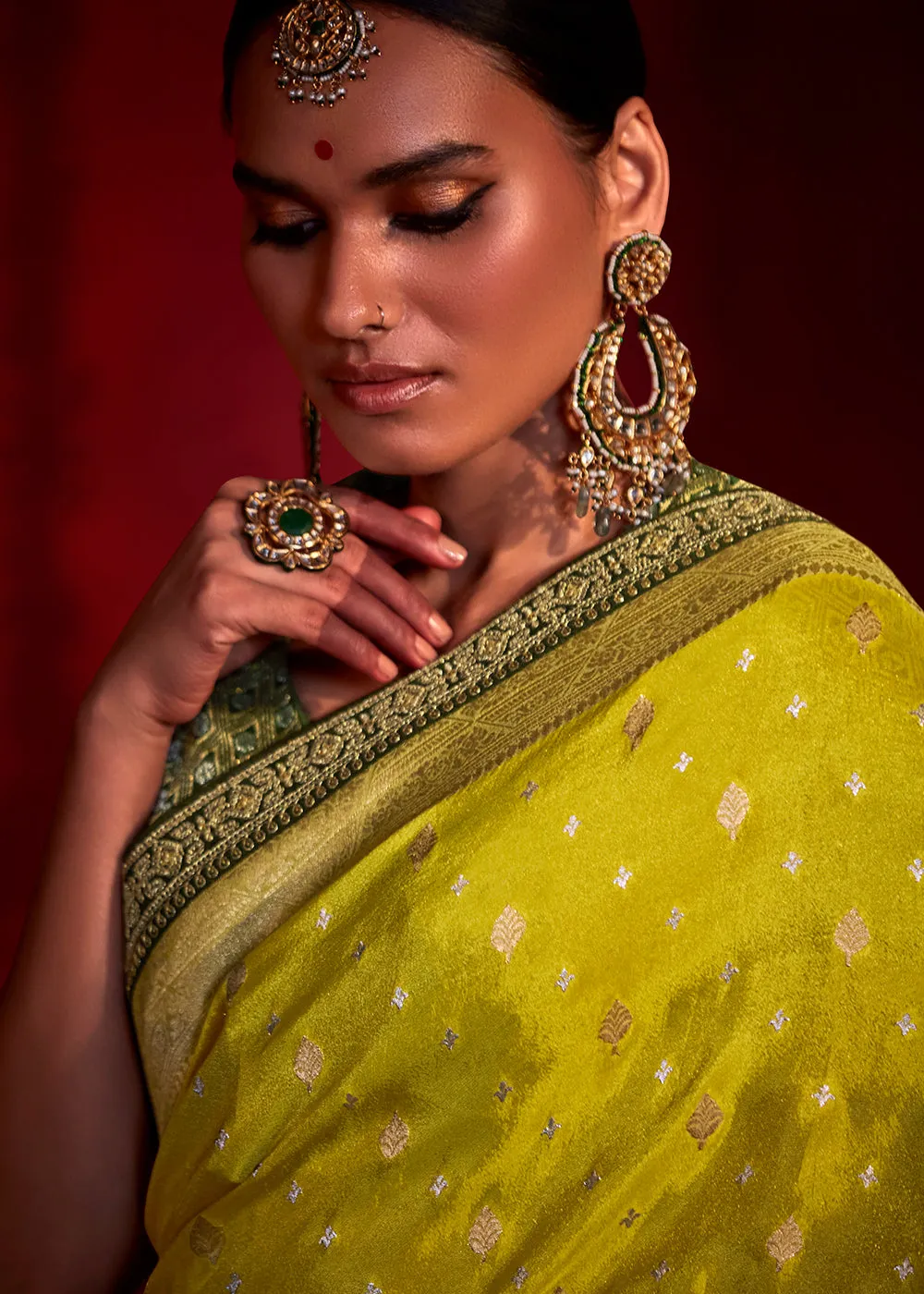 Aureolin Yellow Zari Woven Khadi Silk Saree with Contrast Blouse