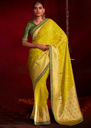 Aureolin Yellow Zari Woven Khadi Silk Saree with Contrast Blouse