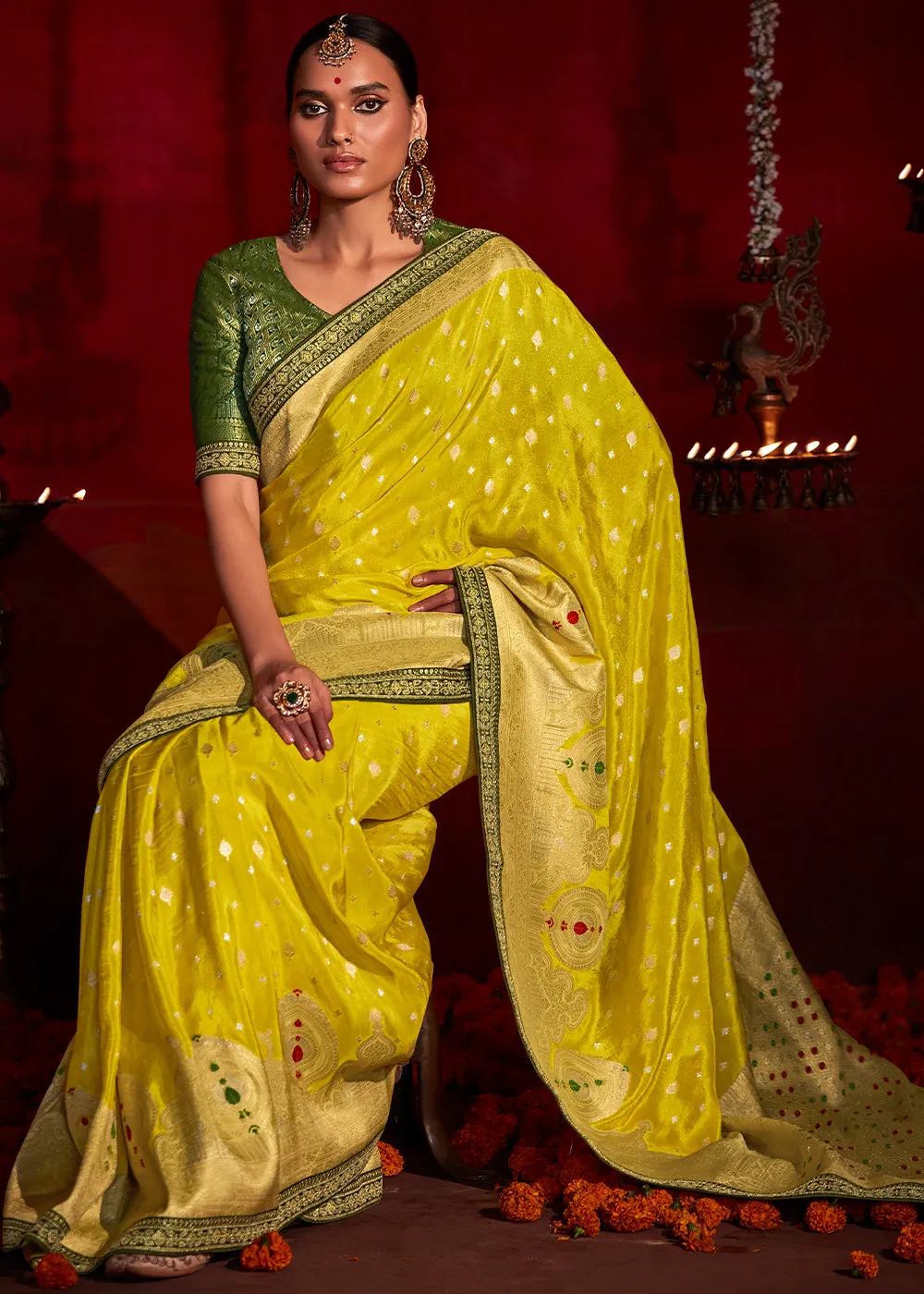 Aureolin Yellow Zari Woven Khadi Silk Saree with Contrast Blouse