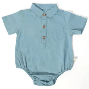 Baby Button Front Collared Bodysuit - Wood Blue