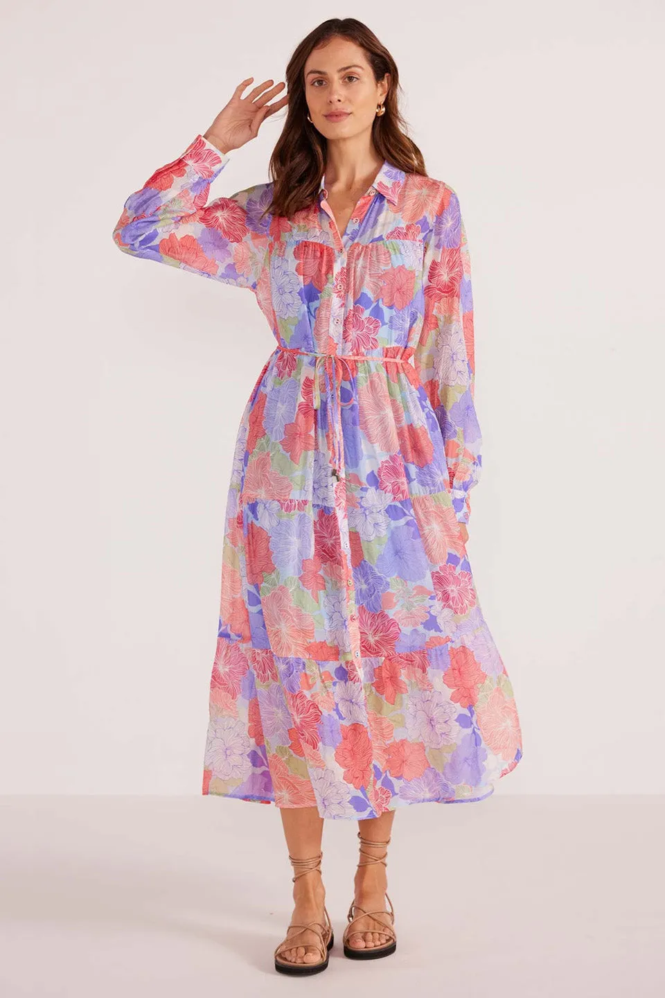 Belle Blue Spring Blooms Button Down Midi Dress