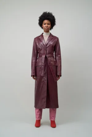 BELTED TRENCH COAT - BURGUNDY FAUX SNAKESKIN