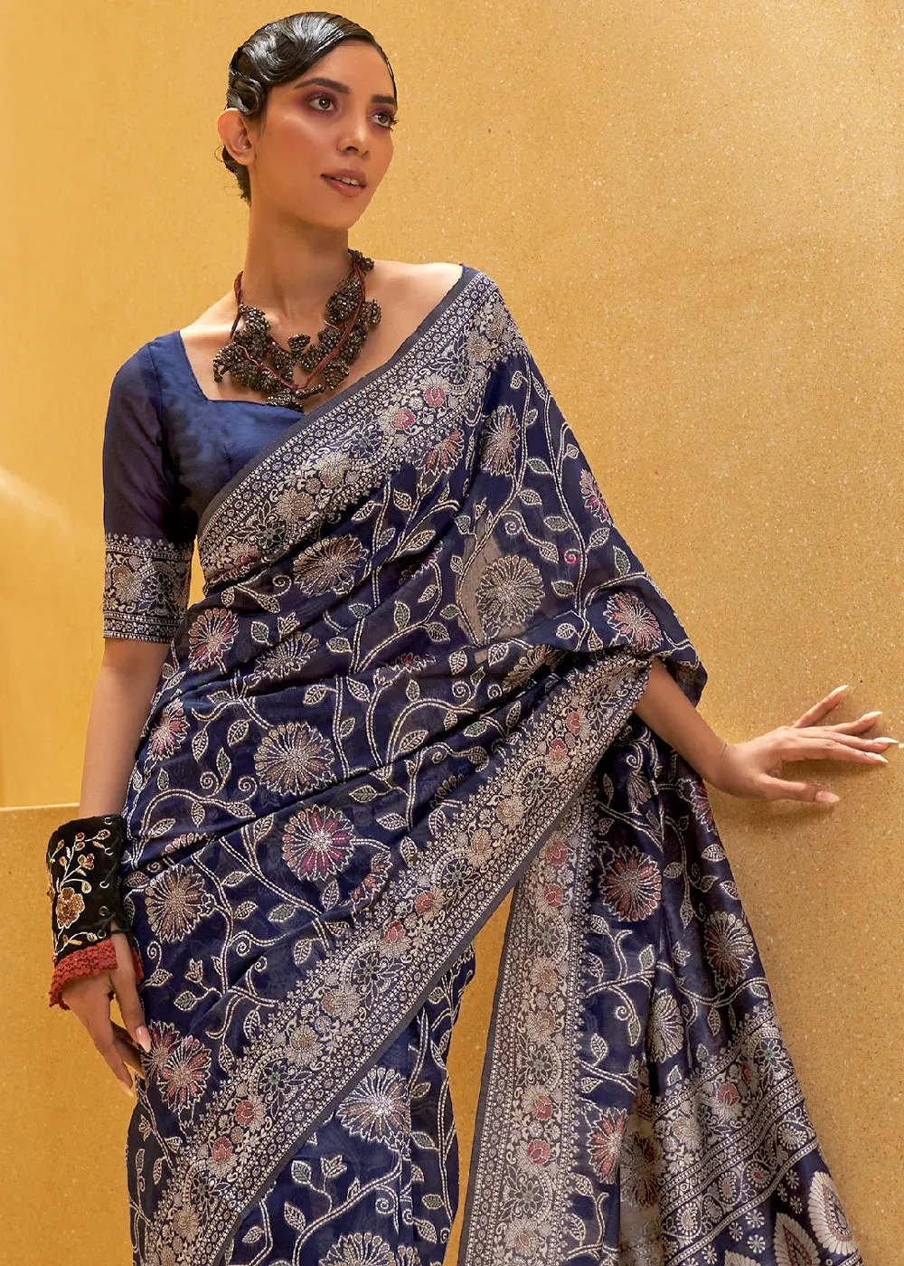 Berry Blue Lucknowi Chikankari Weaving Silk Saree