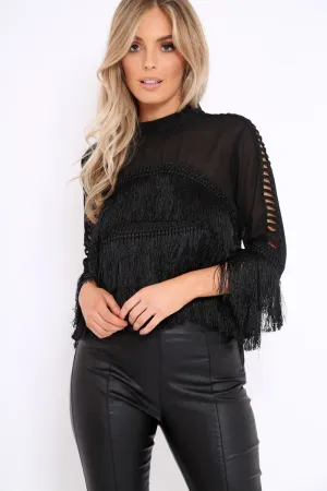 Black High Neck Sheer Tassel Blouse - Sanita