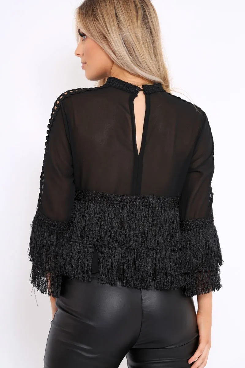 Black High Neck Sheer Tassel Blouse - Sanita