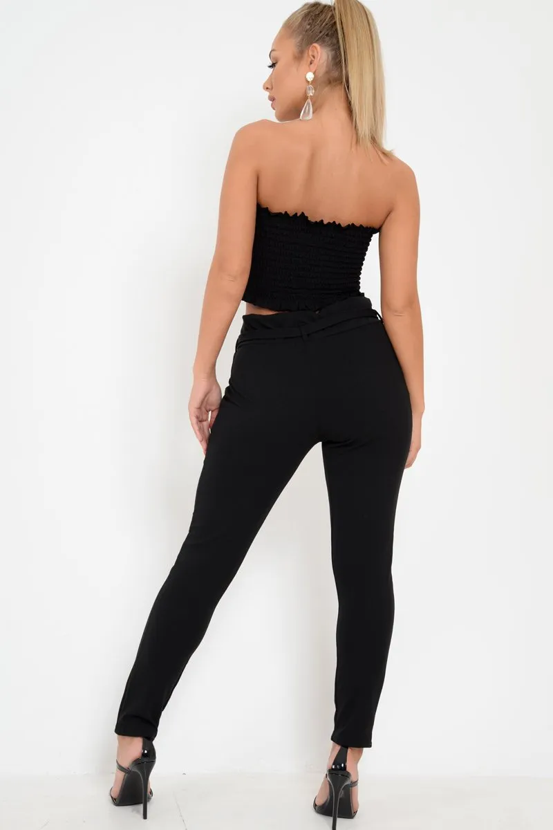 Black Paper Bag Tie Waist Cigarette Trousers - Karmen