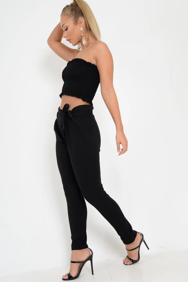 Black Paper Bag Tie Waist Cigarette Trousers - Karmen