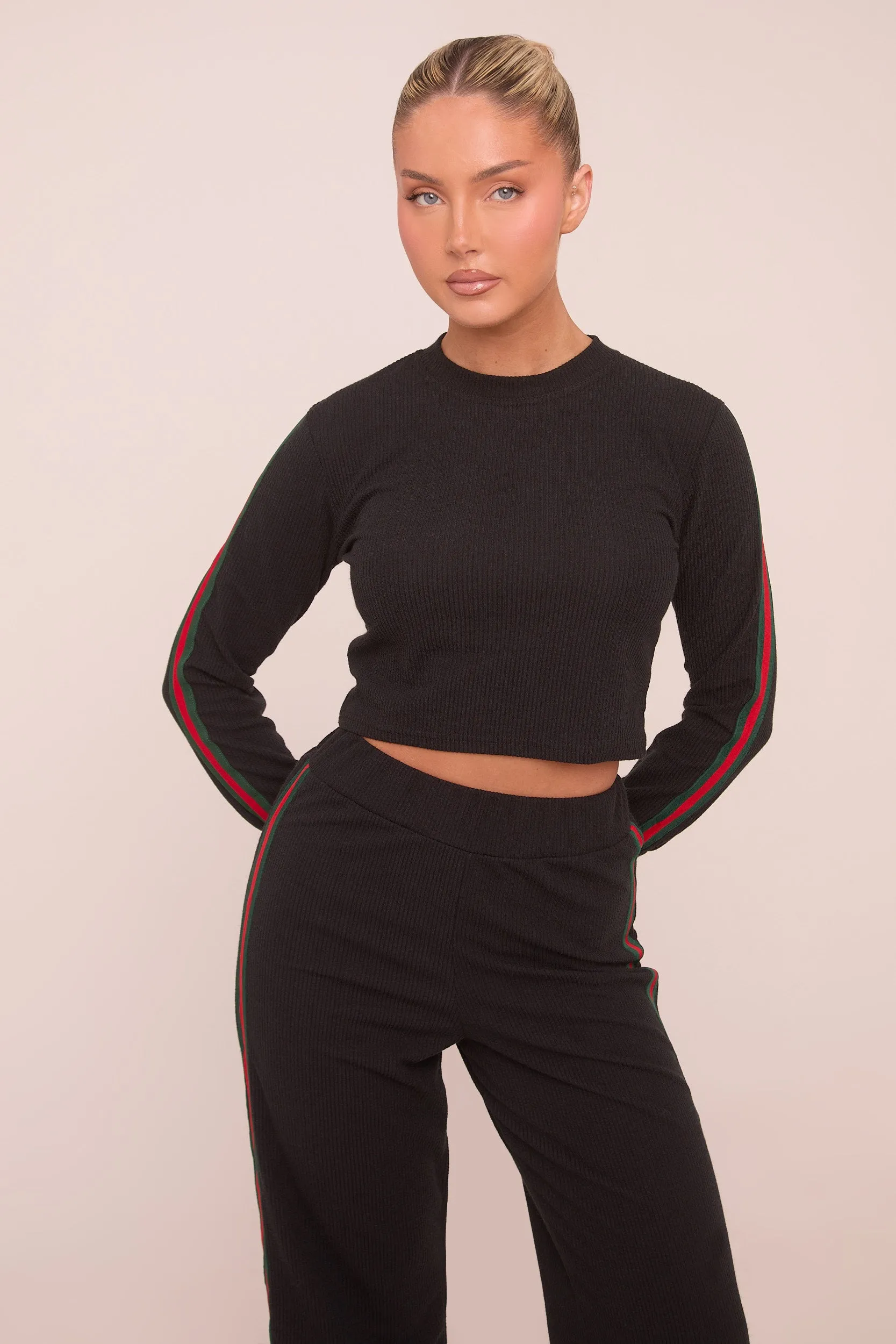 Black Rib Knit Stripe Detail Crop Top & Straight Leg Trouser Co-ord Set Set - Donna