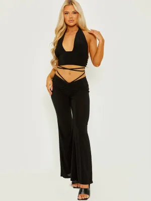 Black Slinky Ruched Tie Waist Wide Leg Trousers