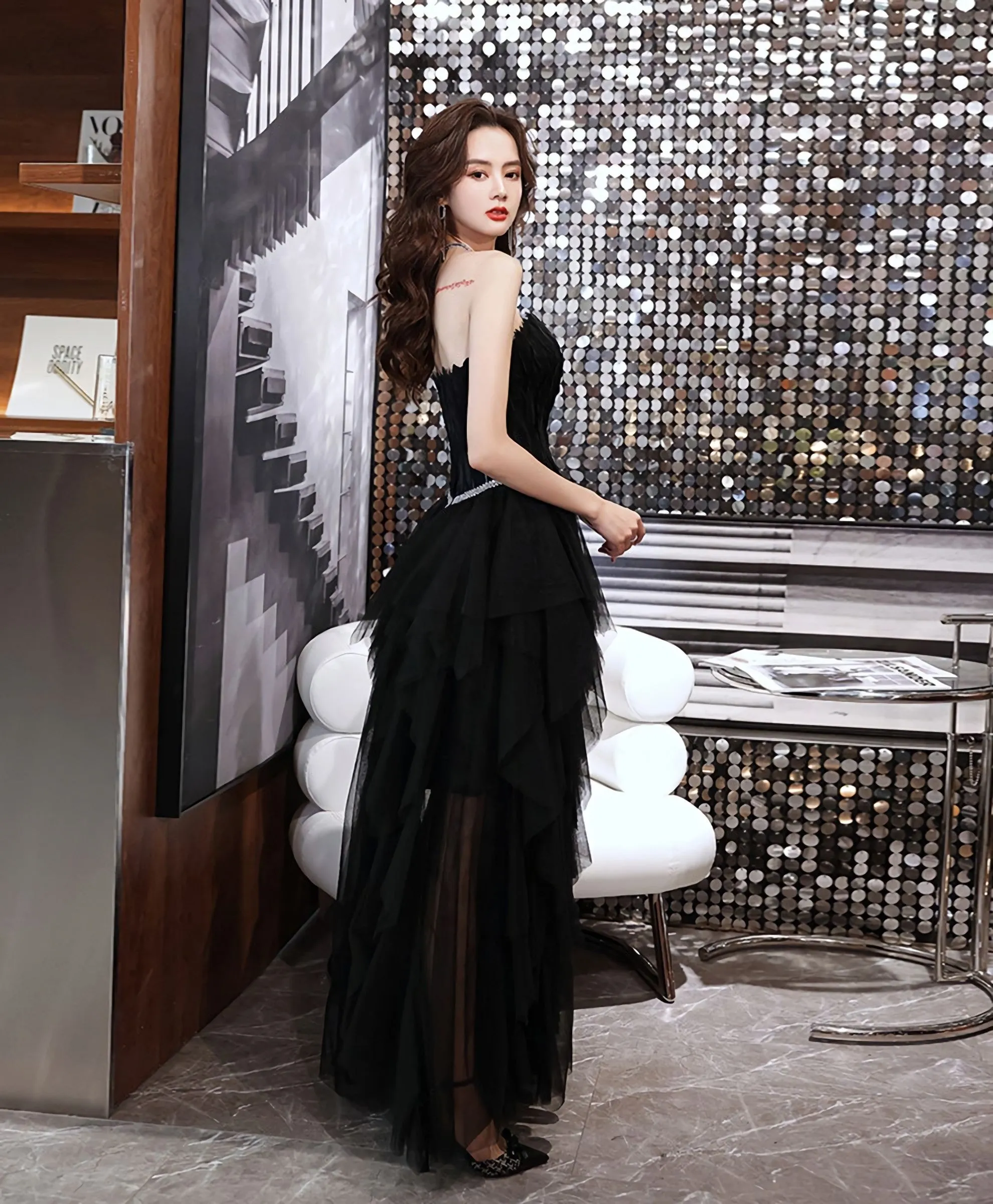 Black Tulle Long Prom Dress, Black Tulle Formal Dress, 1