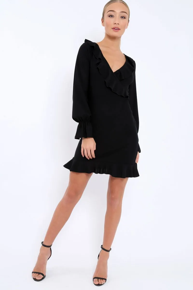 Black Wrap Mini Dress with Frills - Maleigh