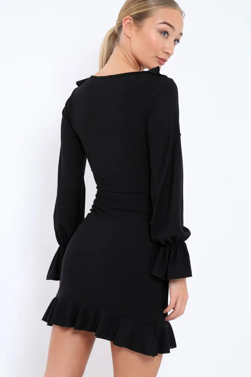 Black Wrap Mini Dress with Frills - Maleigh