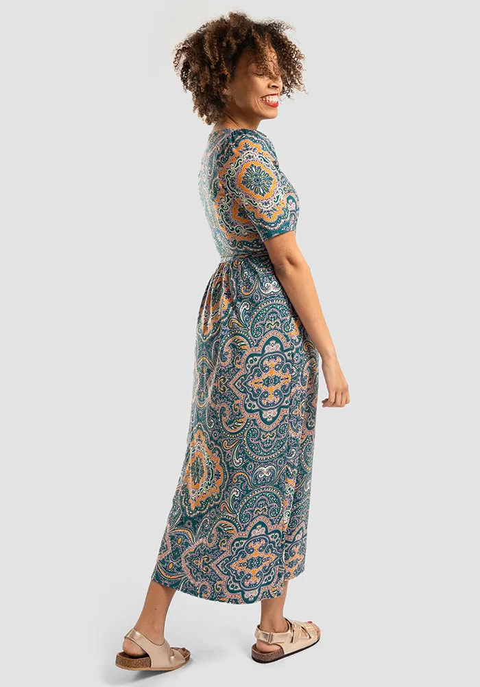 Blaine Paisley Tile Print Cotton Midaxi Dress