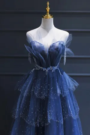 Blue Tulle Beaded Long Senior Prom Dress A-Line Blue Formal Dress