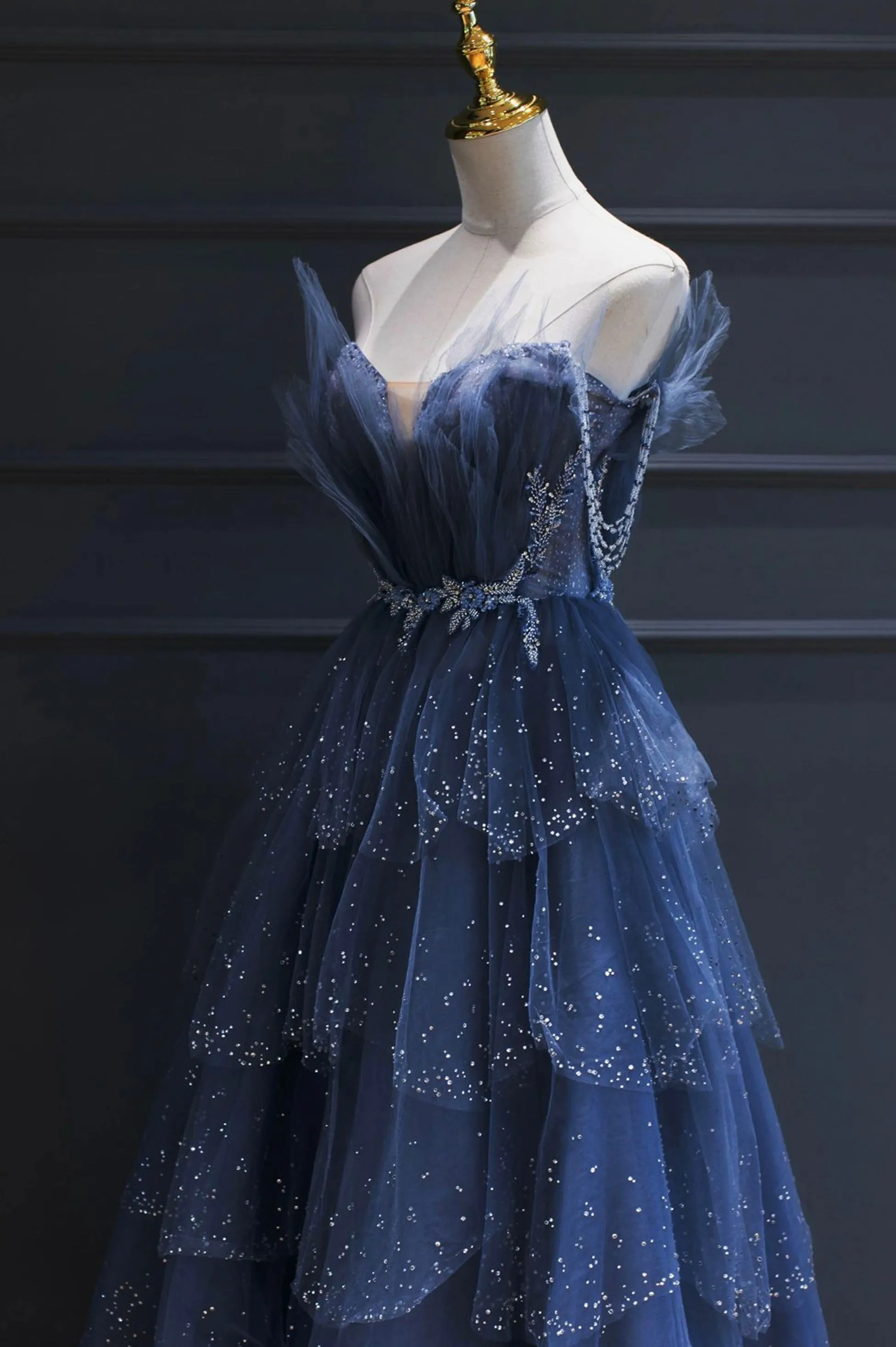 Blue Tulle Beaded Long Senior Prom Dress A-Line Blue Formal Dress