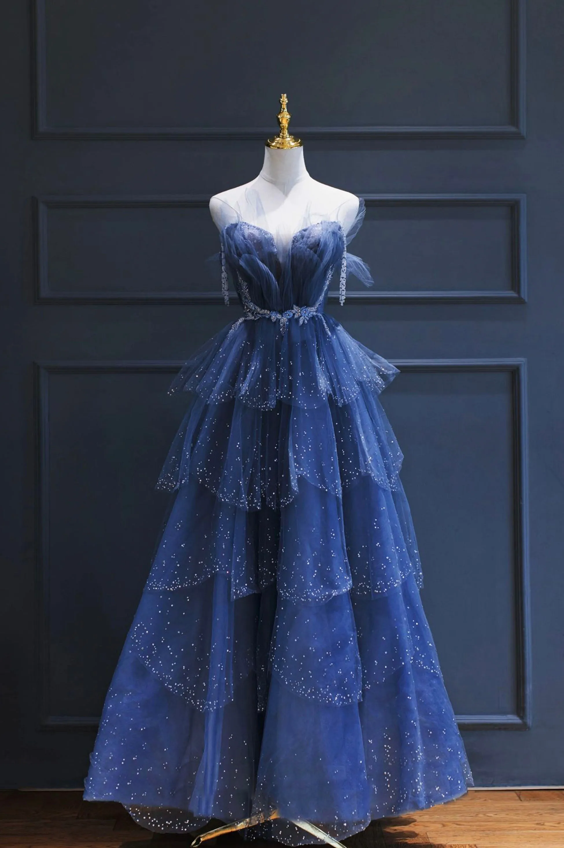 Blue Tulle Beaded Long Senior Prom Dress A-Line Blue Formal Dress