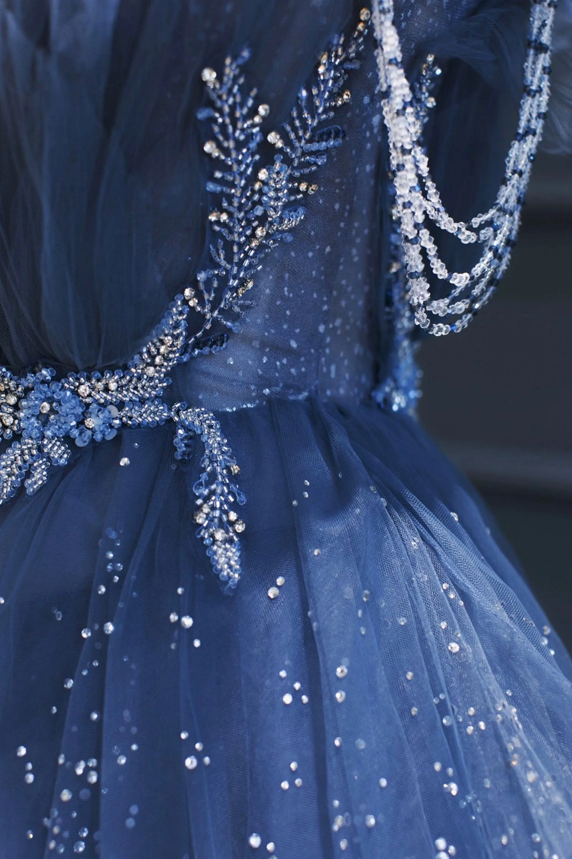 Blue Tulle Beaded Long Senior Prom Dress A-Line Blue Formal Dress