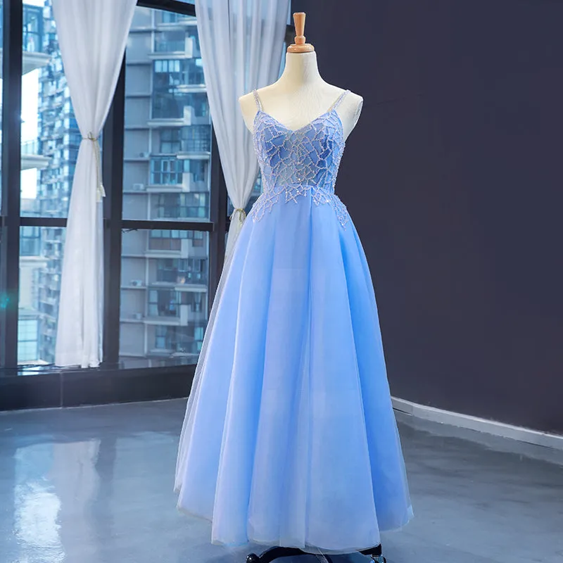 Blue V-neckline Tulle Beaded Long Straps Beaded Dress, Blue Fashionable Formal Dress Prom Dress