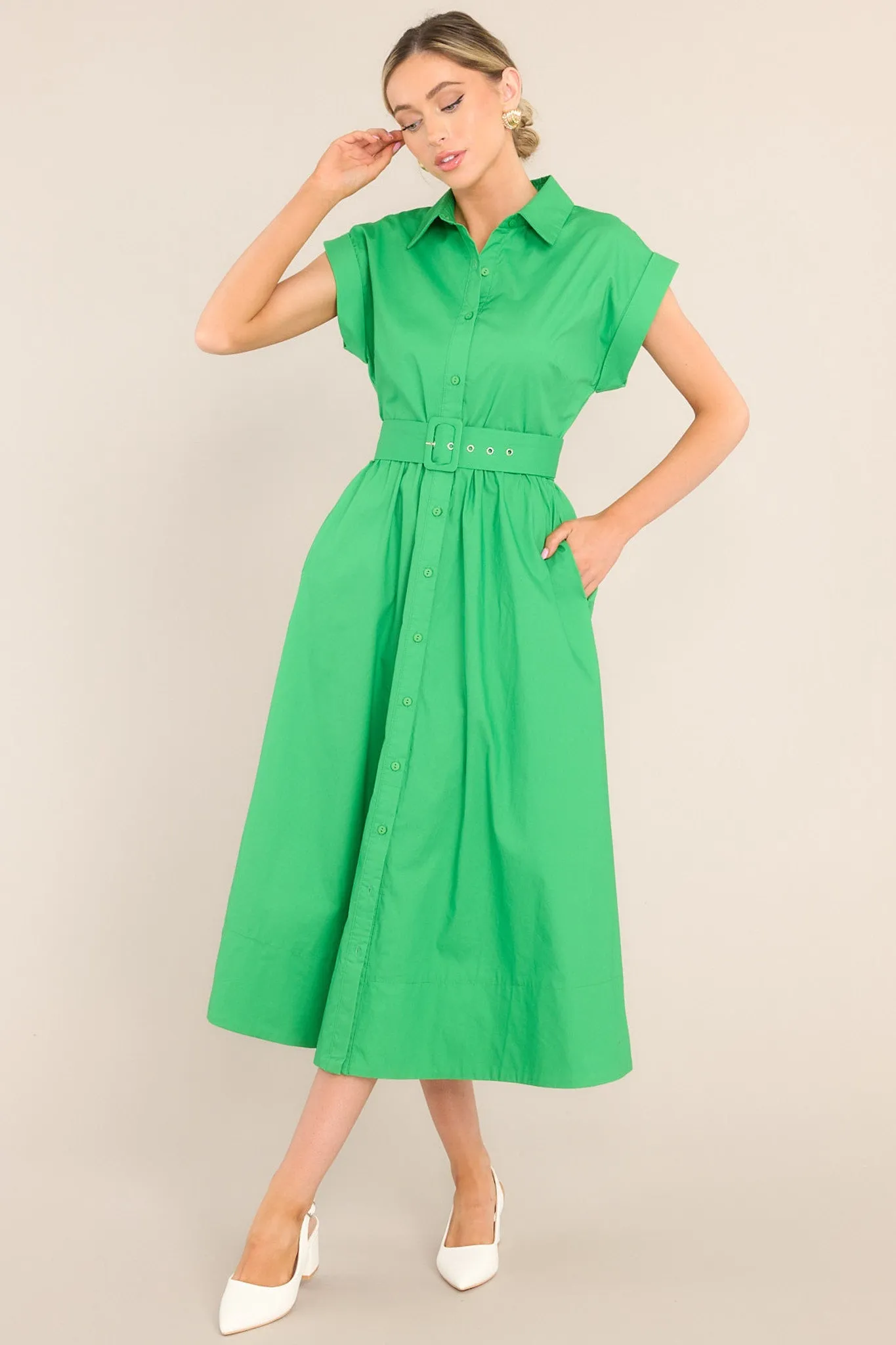 Bring On Spring Kelly Green Belted Button Front Midi Dress