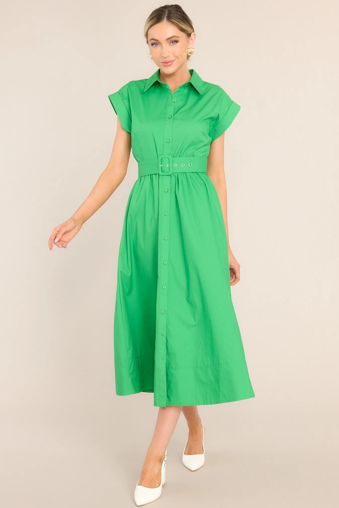 Bring On Spring Kelly Green Belted Button Front Midi Dress