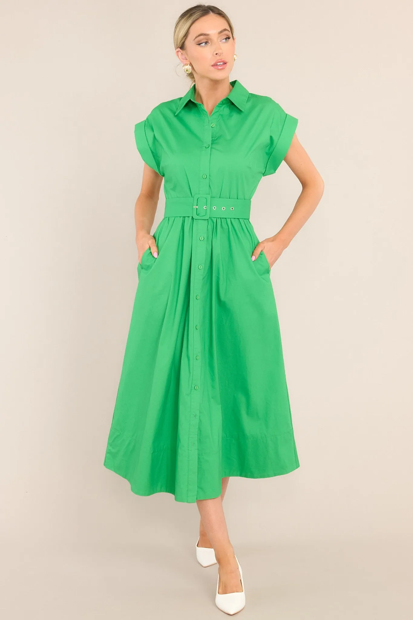 Bring On Spring Kelly Green Belted Button Front Midi Dress