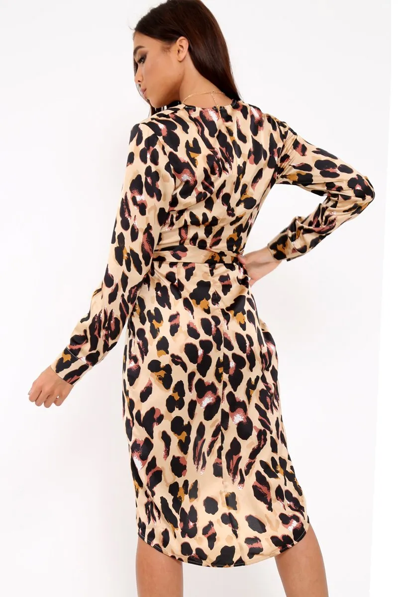 Brown Leopard Print Satin Belted Wrap Midi Dress - Rosine