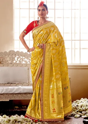 Canary Yellow Woven Dola Silk Saree with Contrast Embroidered Border