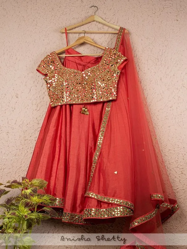 Carrot And Gold Mirror Work  Lehenga Set (Set of 3)