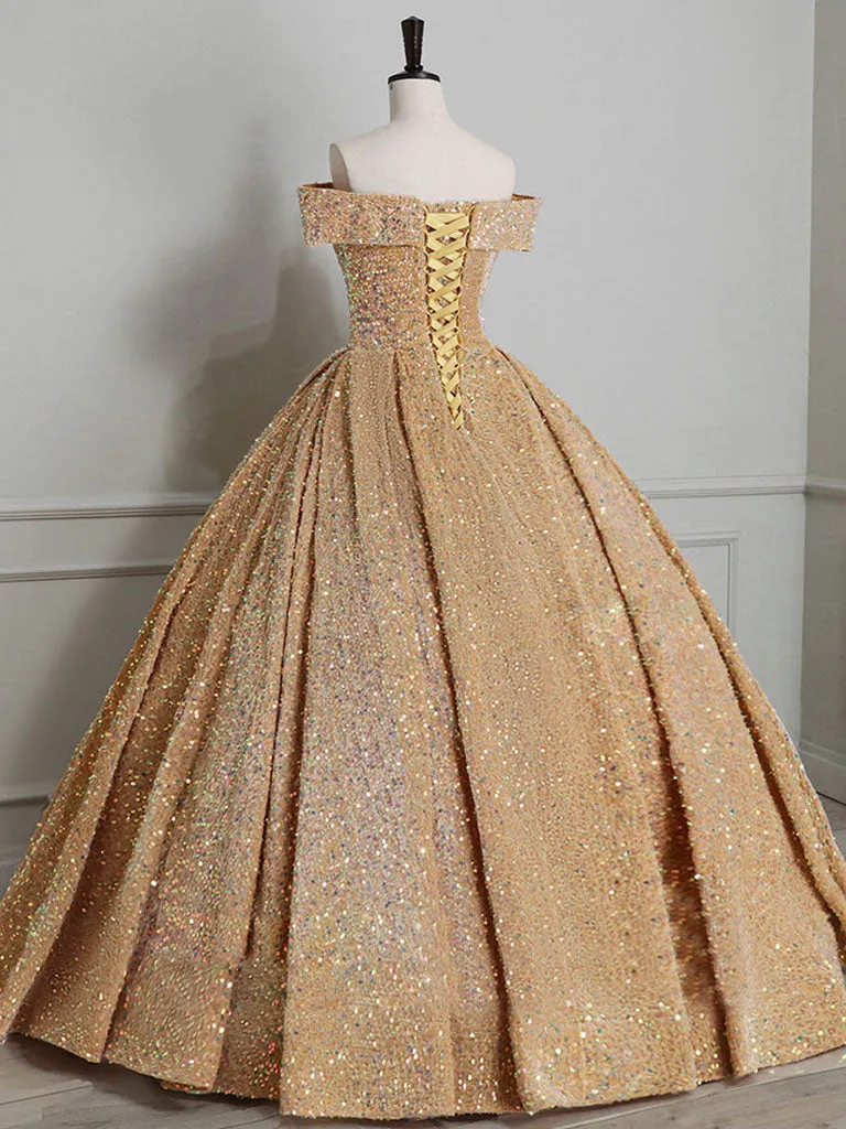 Champagne Off Shoulder Sequin Long Prom Dress, Champagne Formal Dress