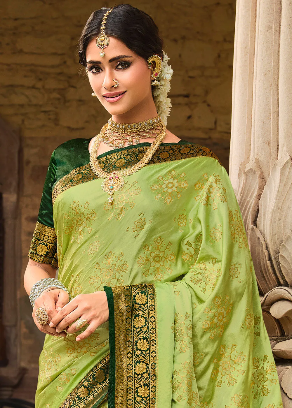 Chartreuse Green Zari Woven Kanjivaram Silk Saree