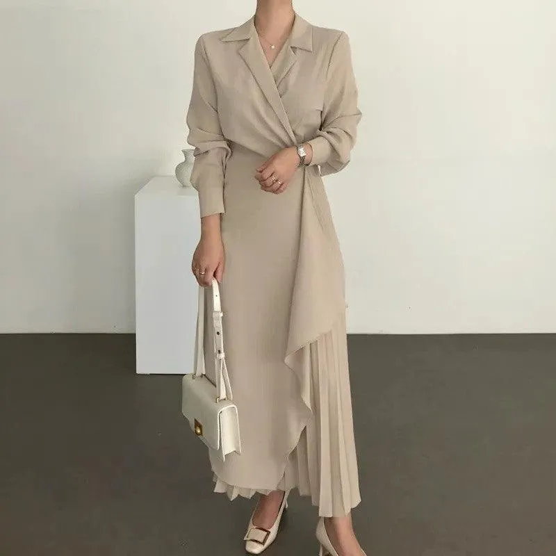 Chic Retro Long-Sleeve Solid Color Midi Dress with Adjustable Waist