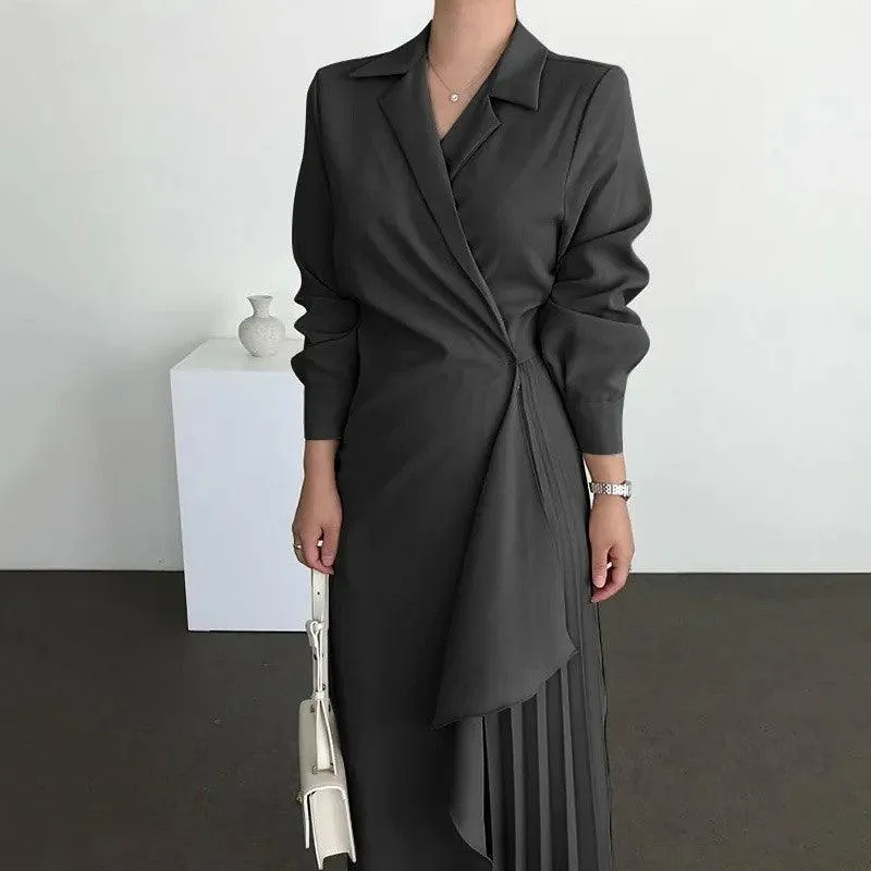 Chic Retro Long-Sleeve Solid Color Midi Dress with Adjustable Waist