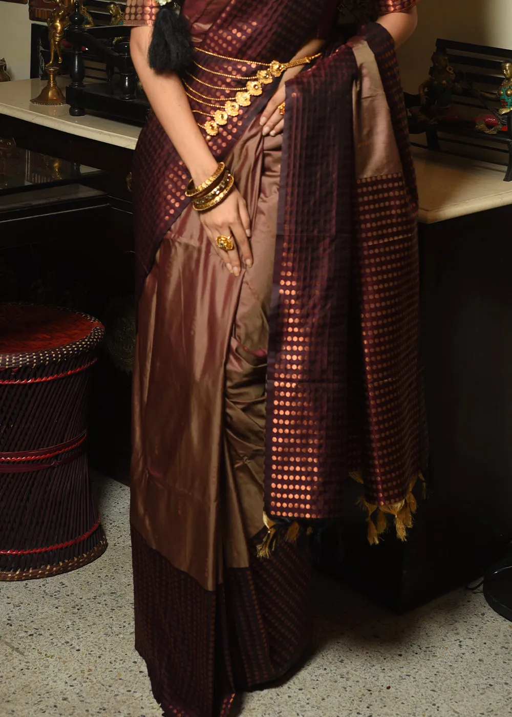 Coffee Brown Two Tone Zari Woven Banarasi Silk Saree