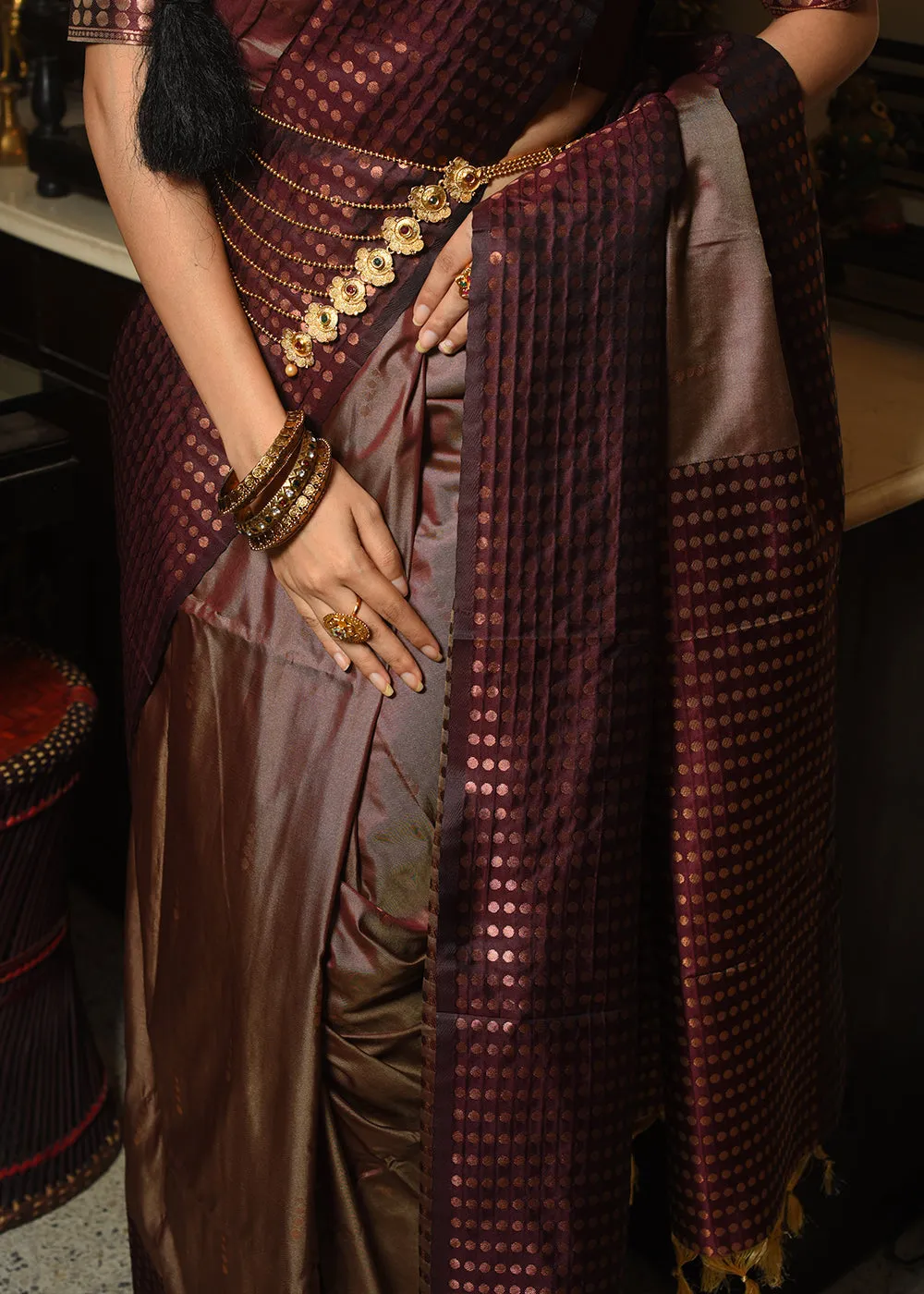 Coffee Brown Two Tone Zari Woven Banarasi Silk Saree